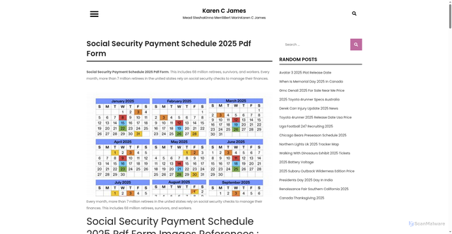 Security scan screenshot of https://karencjames.pages.dev/jmjui-2025-social-security-payment-schedule-2025-pdf-form-2026-lpsuh/