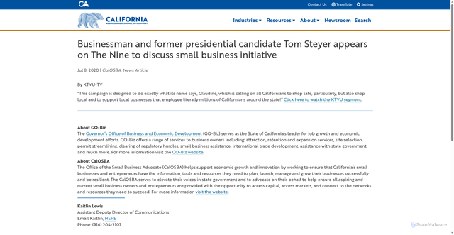 Security scan screenshot of https://business.ca.gov/businessman-and-former-presidential-candidate-tom-steyer-appears-on-the-nine-to-discuss-small-business-initiative/