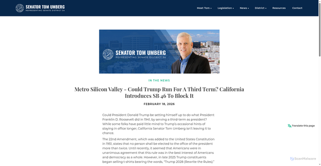 Security scan screenshot of https://sd34.senate.ca.gov/news/metro-silicon-valley-could-trump-run-third-term-california-introduces-sb-46-block-it