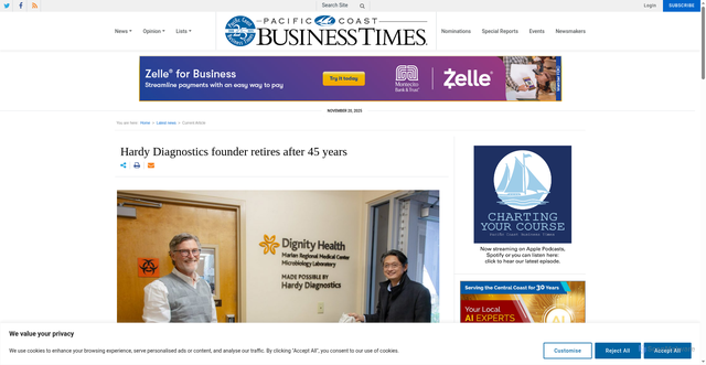 Security scan screenshot of https://www.pacbiztimes.com/2025/11/19/hardy-diagnostics-founder-retires-after-45-years/