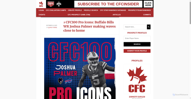 Security scan screenshot of https://www.canadafootballchat.com/cfc100-pro-icons-buffalo-bills-wr-joshua-palmer-making-waves-close-to-home/