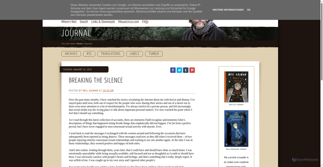 Security scan screenshot of https://journal.neilgaiman.com/2025/01/breaking-silence.html