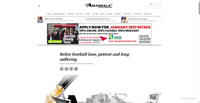 Security scan screenshot of https://amandala.com.bz/news/belize-football-fans-patient-and-long-suffering/