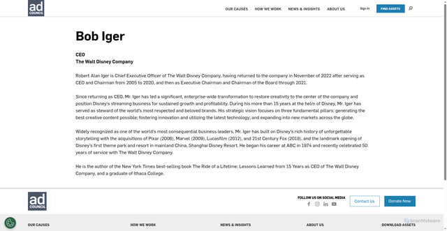 Security scan screenshot of https://www.adcouncil.org/bob-iger-bio