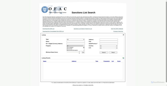 Security scan screenshot of https://sanctionssearch.ofac.treas.gov/