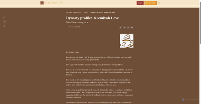 Security scan screenshot of https://back-bacon-brief.beehiiv.com/p/dynasty-profile-jeremiyah-love