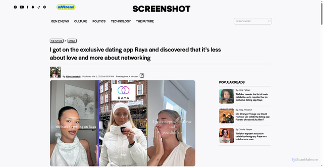 Security scan screenshot of https://screenshot-media.com/the-future/dating/truth-about-raya-networking-app/