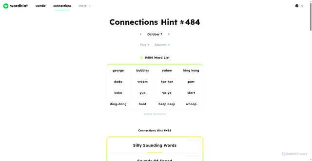Security scan screenshot of https://www.wordhint.net/connections/hint/2024-10-7/