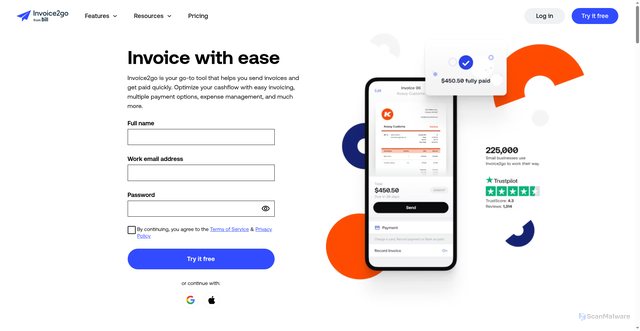 Security scan screenshot of https://invoice2go.com