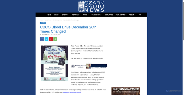 Security scan screenshot of https://www.ozarkradionews.com/local-news/cbco-blood-drive-december-26th-times-changed