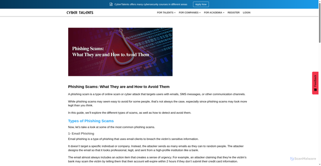 Security scan screenshot of https://cybertalents.com/blog/phishing-scams