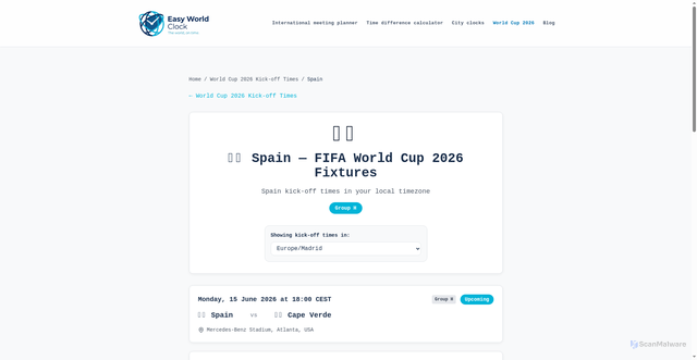Security scan screenshot of https://easyworldclock.com/world-cup-2026-kick-off-times/spain