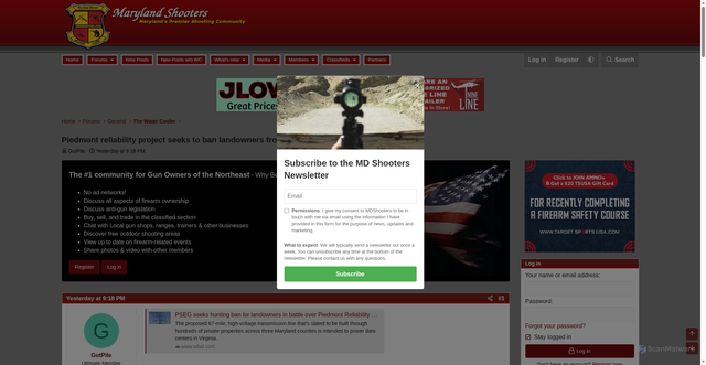 Security scan screenshot of https://www.mdshooters.com/threads/piedmont-reliability-project-seeks-to-ban-landowners-from-hunting-own-property.293311/