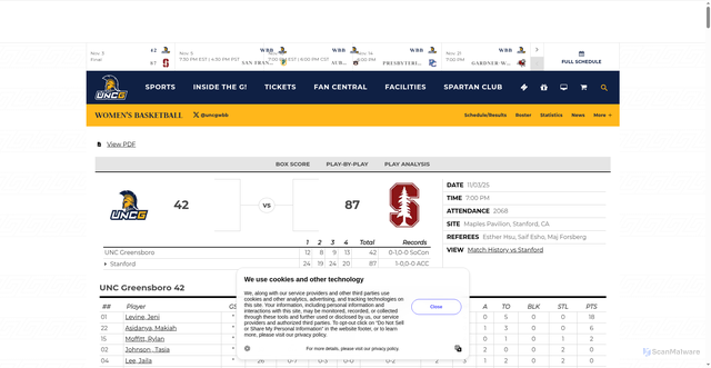 Security scan screenshot of https://uncgspartans.com/boxscore.aspx?id=9750