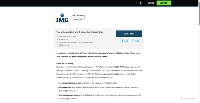 Security scan screenshot of https://www.teamworkonline.com/youth-sports-jobs/img-academy-jobs/img-academy/talent-acquisition-and-onboarding-coordinator-2144835