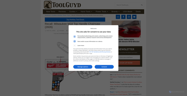 Security scan screenshot of https://toolguyd.com/milwaukee-m18-top-handle-chainsaw-2826-recall/