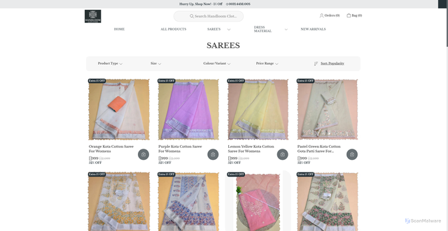 Security scan screenshot of https://handloomclothstore.com/SAREES/collection/dx8cvClp