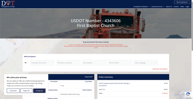 Security scan screenshot of https://dotcompliancegroup.com/cdl-checkout/?dot_number=4343606&s_code=390465