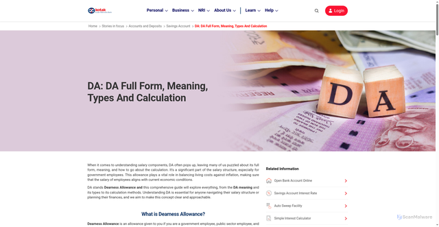 Security scan screenshot of https://www.kotak.com/en/stories-in-focus/accounts-deposits/savings-account/dearness-allowance.html