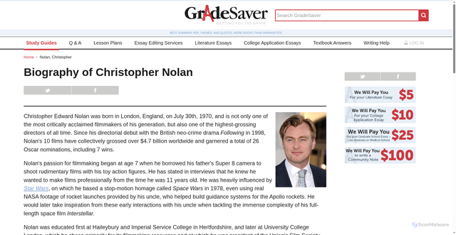 Security scan screenshot of https://www.gradesaver.com/author/christopher-nolan