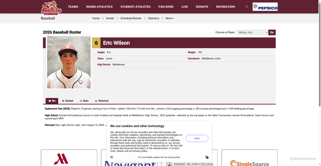 Security scan screenshot of https://goanchormen.com/sports/baseball/roster/eric-wilson/3023