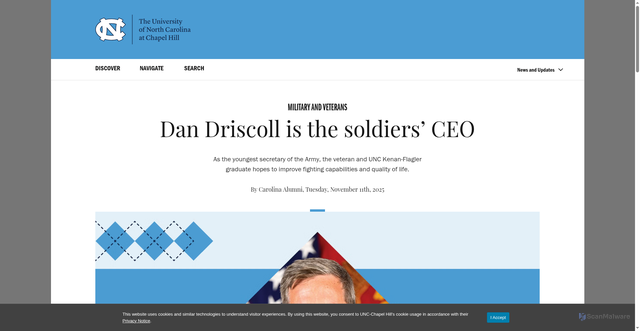 Security scan screenshot of https://www.unc.edu/posts/2025/11/11/dan-driscoll-is-the-soldiers-ceo/