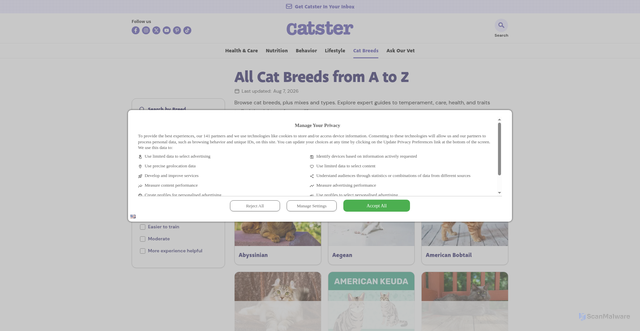 Security scan screenshot of https://www.catster.com/cat-breeds/