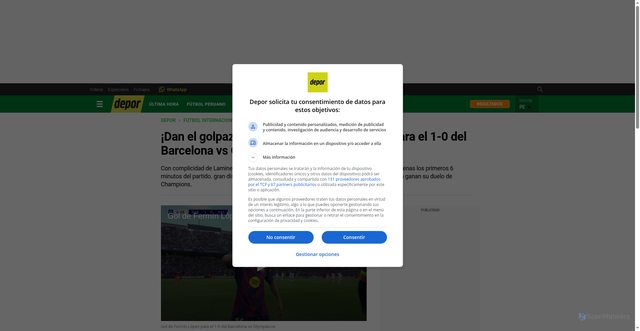 Security scan screenshot of https://depor.com/futbol-internacional/champions-league/gol-barcelona-vs-olympiacos-fermin-lopez-puso-el-1-0-de-la-champions-league-video-noticia/
