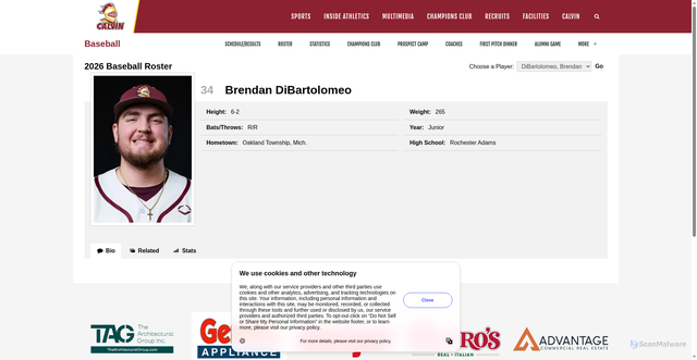 Security scan screenshot of https://calvinknights.com/sports/baseball/roster/brendan-dibartolomeo/7893