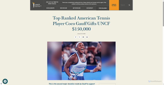 Security scan screenshot of https://uncf.org/news/top-ranked-american-tennis-player-coco-gauff-gifts-uncf-150000