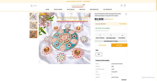 Security scan screenshot of https://kunjkreationsstudio.com/Hand-Etched-Kundan-Rangoli-Pack-With-Artisanal-Diyas-Turquoise-And/catalogue/OpOWX5Dp/nuvAAzya