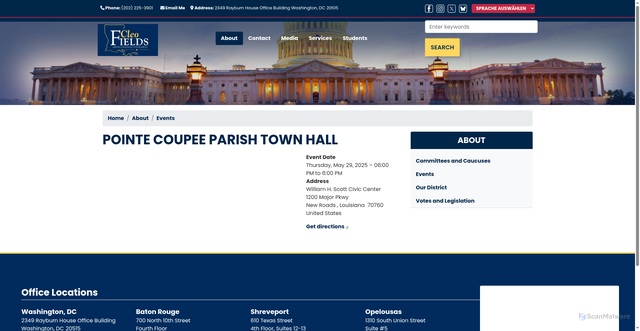Security scan screenshot of http://fields.house.gov/about/events/pointe-coupee-parish-town-hall