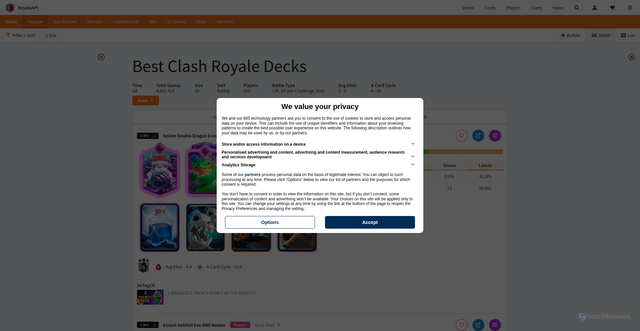 Security scan screenshot of https://royaleapi.com/decks/popular?lang=en&type=CRL20_2025&time=1d
