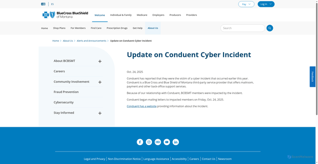 Security scan screenshot of https://www.bcbsmt.com/about-us/alerts-and-announcements/10-24-25-update-conduent-cyber-incident