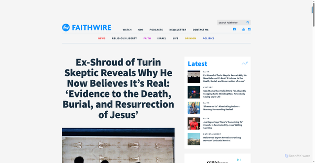 Security scan screenshot of https://www.faithwire.com/2025/10/28/ex-shroud-of-turin-skeptic-reveals-why-he-now-believes-its-real-evidence-to-the-death-burial-and-resurrection-of-jesus/