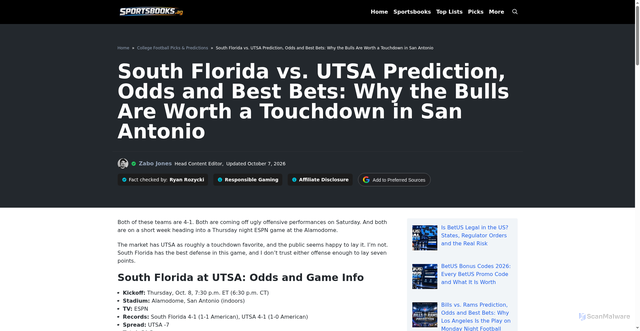 Security scan screenshot of https://sportsbooks.ag/football/south-florida-vs-utsa-prediction/