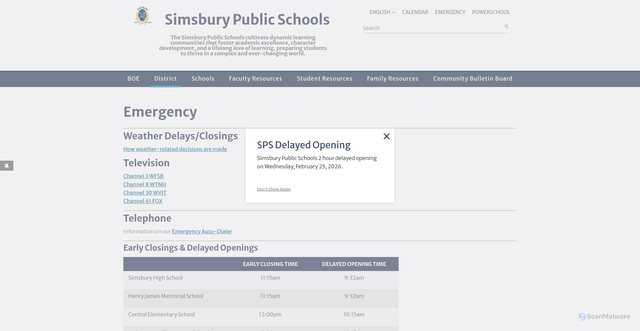 Security scan screenshot of https://www.simsbury.k12.ct.us/district/emergency