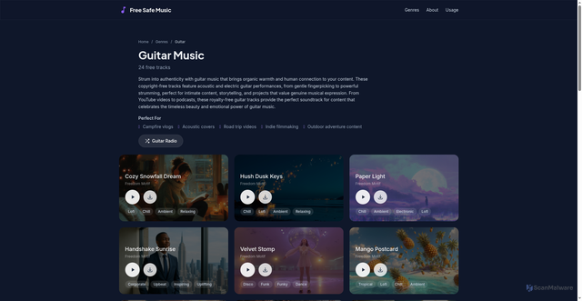 Security scan screenshot of https://freesafemusic.pages.dev/genres/guitar/