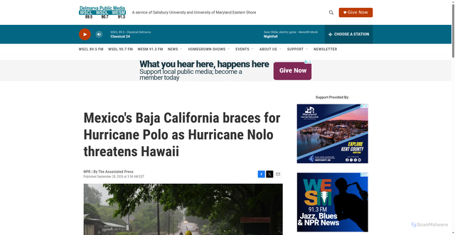 Security scan screenshot of https://www.delmarvapublicmedia.org/2026-09-28/mexicos-baja-california-braces-for-hurricane-polo-as-hurricane-nolo-threatens-hawaii