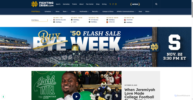 Security scan screenshot of https://fightingirish.com/sports/football/