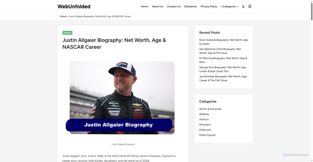 Security scan screenshot of https://webunfolded.com.ng/justin-allgaier-biography/