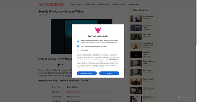 Security scan screenshot of https://www.lyricsbull.com/been-by-now-lyrics-morgan-wallen/