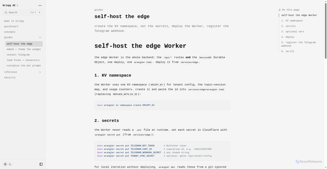 Security scan screenshot of https://krispy-docs-production.pages.dev/docs/guides/self-host-the-edge