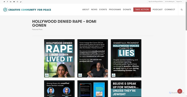 Security scan screenshot of https://www.creativecommunityforpeace.com/blog/2025/12/29/hollywood-denied-rape-romi-gonen/