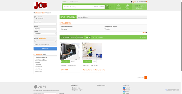 Security scan screenshot of https://jobses.site/index.php?page=search&sRegion=Catalonia&sCountry=ES&sShowAs=gallery