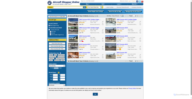 Security scan screenshot of https://www.aso.com/listings/AircraftListings.aspx?mg_id=79