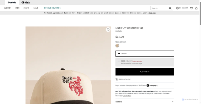 Security scan screenshot of https://www.buckle.com/madley-buck-off-baseball-hat/prd-80674MBOF04?srsltid=AfmBOopghWhgQ-iLaigaolG4F5jwQSzm1uLnGNk1yiept3Wa9CT44Jvz