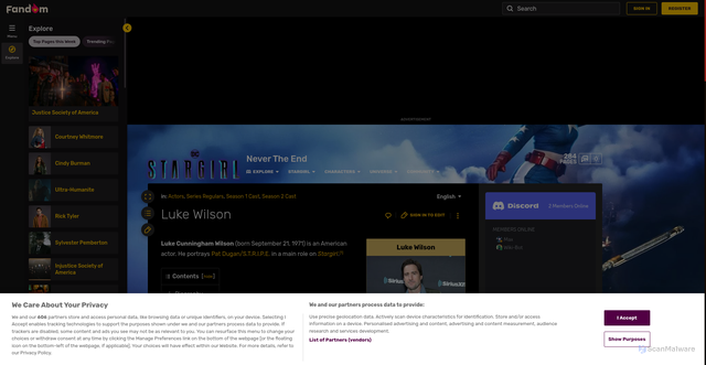 Security scan screenshot of https://stargirl.fandom.com/wiki/Luke_Wilson