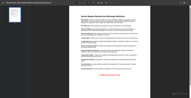 Security scan screenshot of https://pensacola.tricare.mil/Portals/129/Severe%20Weather%20Watches%20Warnings%20and%20Definitions.pdf