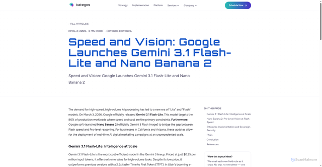 Security scan screenshot of https://kategos.ai/ai-strategy-california-google-debuts-gemini-3-1-flash-lite/